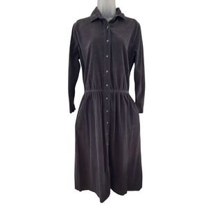Vintage Lands' End Dress Womens 12 Gray Corduroy Shirt Button Midi Made USA